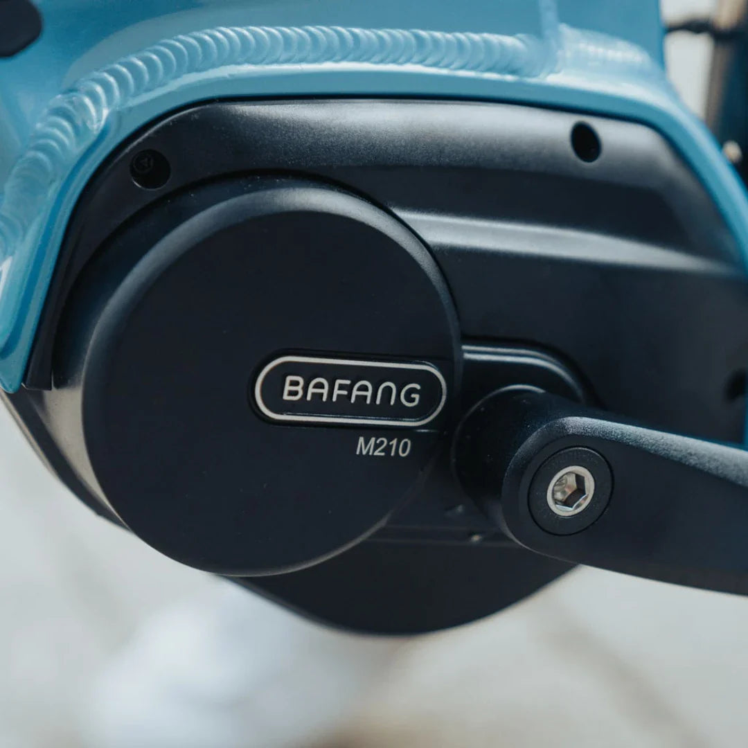 The product in the image is an electric bike. The brand is Bafang, and the model is M210. The image shows the electric motor unit mounted on the bike frame, indicating a pedal-assist system. The frame color is blue, which gives the bike a modern look.