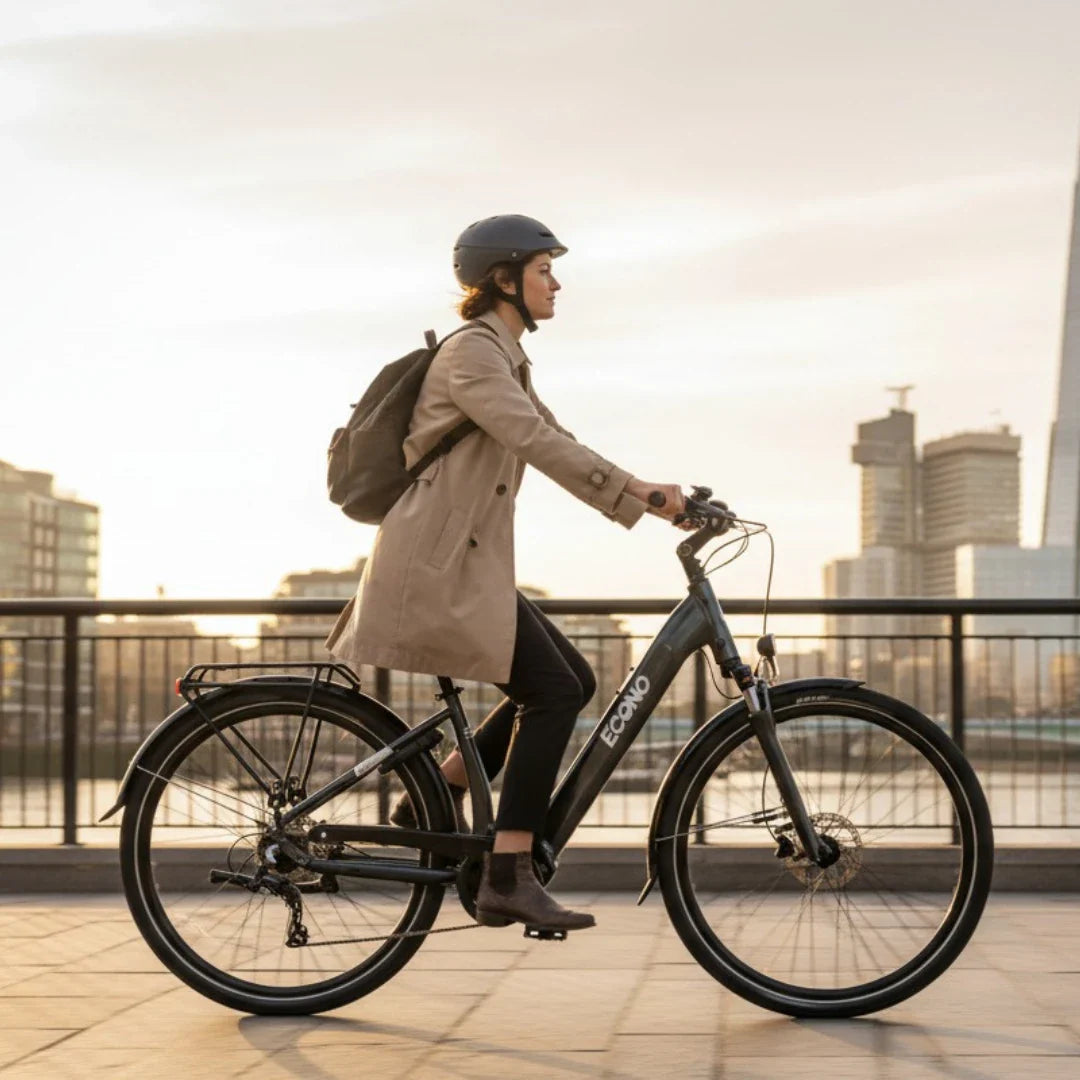 The image shows an electric bike from the Econo brand, model Mare City. The bike is black and has a sleek design, making it suitable for city riding. A rider, dressed in a light coat and helmet, is seen on the bike, riding along a riverside sidewalk with city buildings and a sunset in the background. The bike also has a rear rack, which is practical for carrying items.