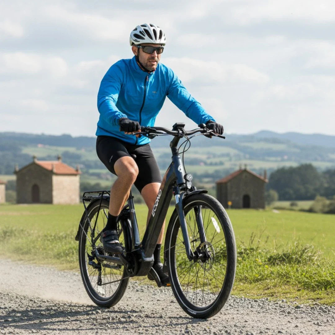 The product is an Electric Bike Econo, model Mare City. In the picture, a man dressed in a blue jacket and shorts is riding an electric bike on a gravel path. Green landscapes and a few smaller buildings are visible in the background. The bike has a robust frame and wide tires, suggesting a comfortable ride on various terrains.