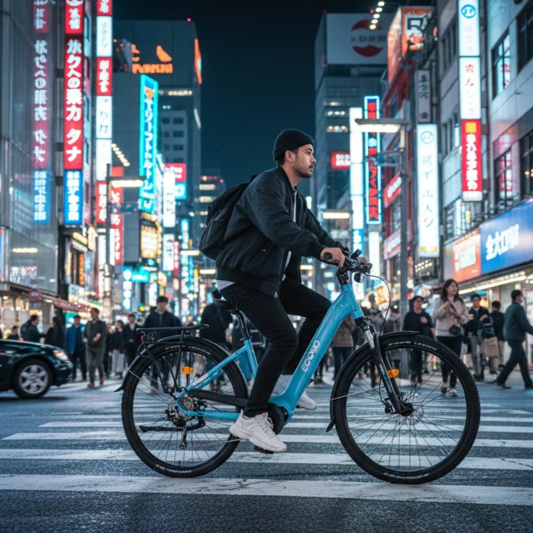The image shows an Electric Bike by Econo, model Mare City EEC4LK. The bike is blue and features a comfortable frame and wide tires, suitable for city riding. The person on the bike is riding across a pedestrian crossing in an urban environment, surrounded by glowing advertisements and vibrant nightlife.