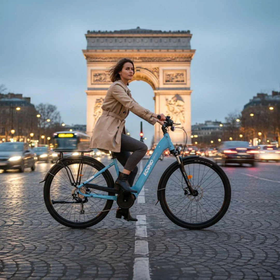 The image shows an Electric Bike from the Econo brand, model Mare City EEC4LK. The bike is light blue and has a typical design for city riding. A person on the bike is on a busy street, with the famous Arc de Triomphe monument in the background, giving the image an urban feel. The lighting is pleasant, contributing to the evening ambiance.