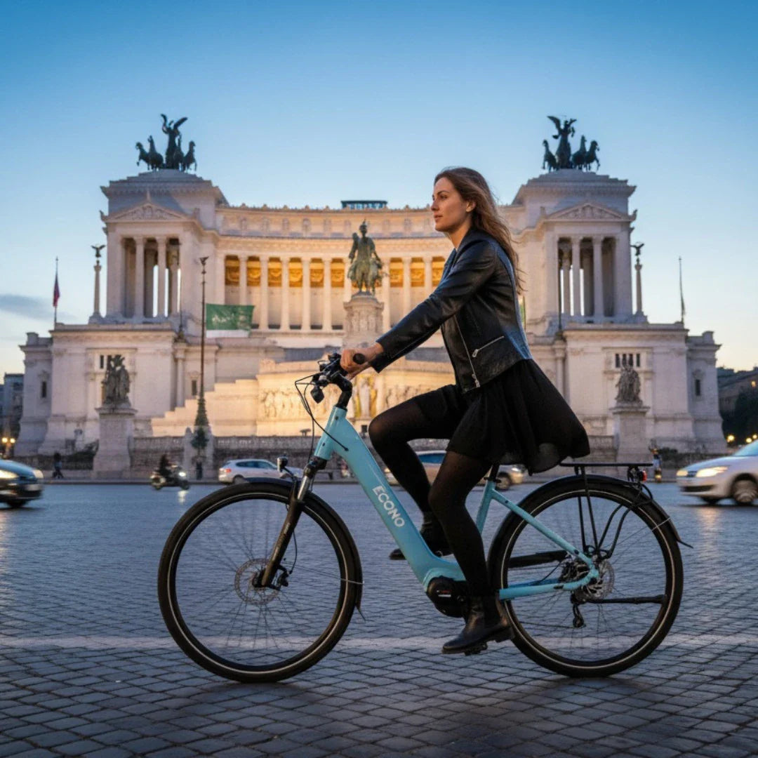 The product in the image is an Electric bike by Econo, model Mare City EEC4LK. The image shows a woman riding the bike on a city street in the evening, with a historic building in the background. The bike is light blue and designed for comfortable city riding.