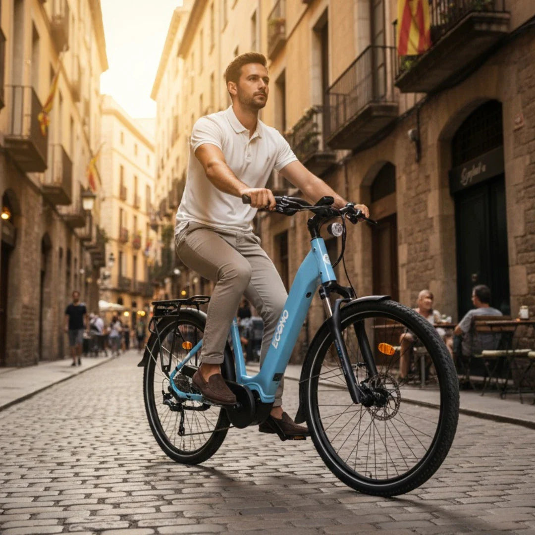 The image shows an electric bike from the Econo brand, model Mare City EEC4LK. The bike is light blue and features a comfortable step-through frame, allowing for easy mounting. In the picture, a man is riding the bike down a picturesque cobblestone street, surrounded by historic buildings and people enjoying the area. The bike is equipped with a rear rack and additional accessories, making it suitable for city riding.
