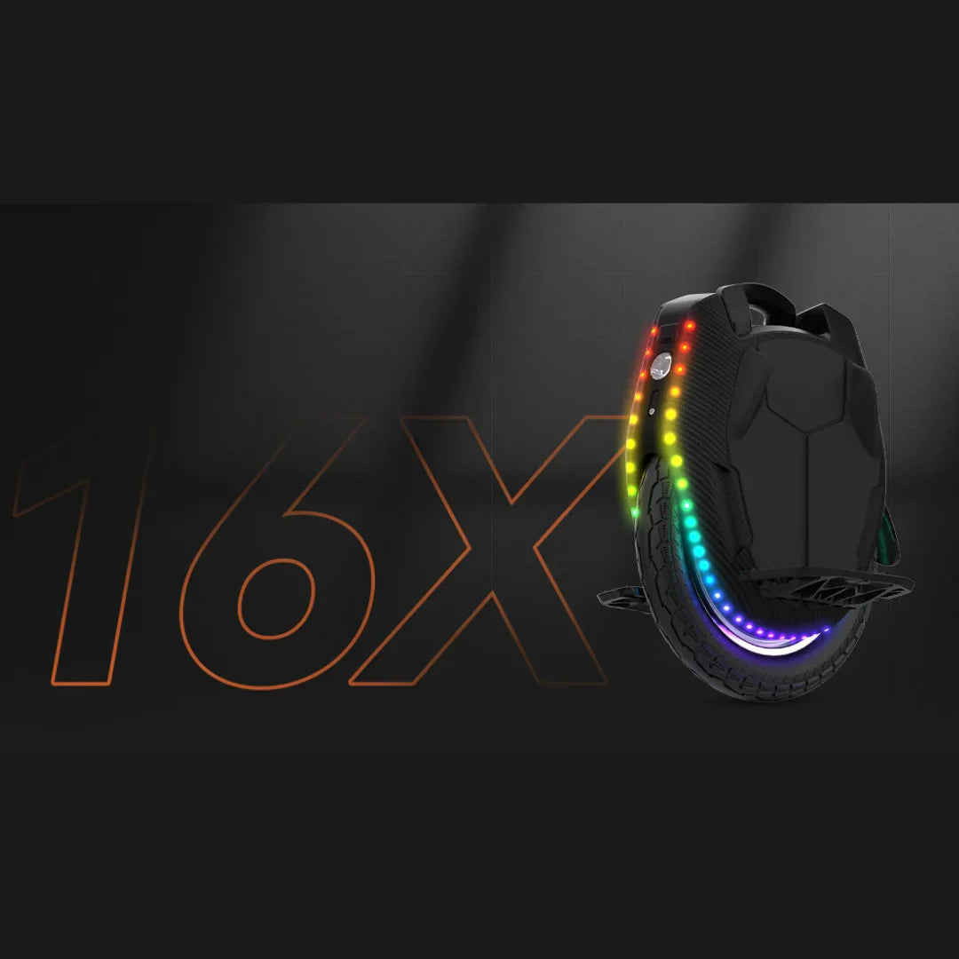 The image shows an Electric Unicycle (EUC) from the brand Kingsong, model 16X. The product features a modern design and is equipped with LED lights that create colorful lighting effects. A large tire is also visible, indicating its performance and stability while riding. The overall design is sleek and attractive, making it appealing to users.