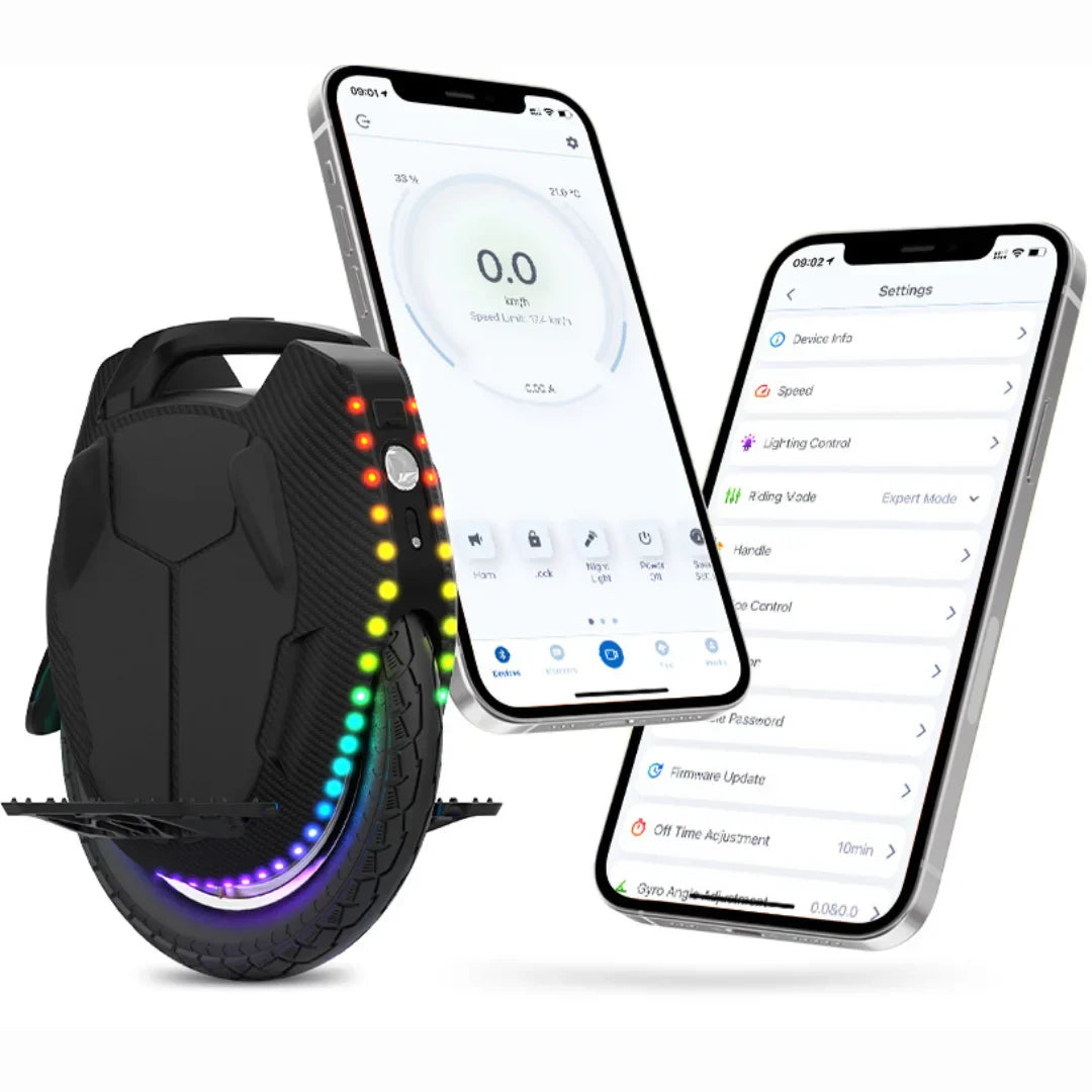 The product in the image is an electric unicycle, model KingSong 16X. The image shows the unicycle with its distinctive single-wheel design and LED lights along the edge, which add to its aesthetic appeal. Next to it are two smartphones displaying apps for controlling the unicycle's speed and function settings.