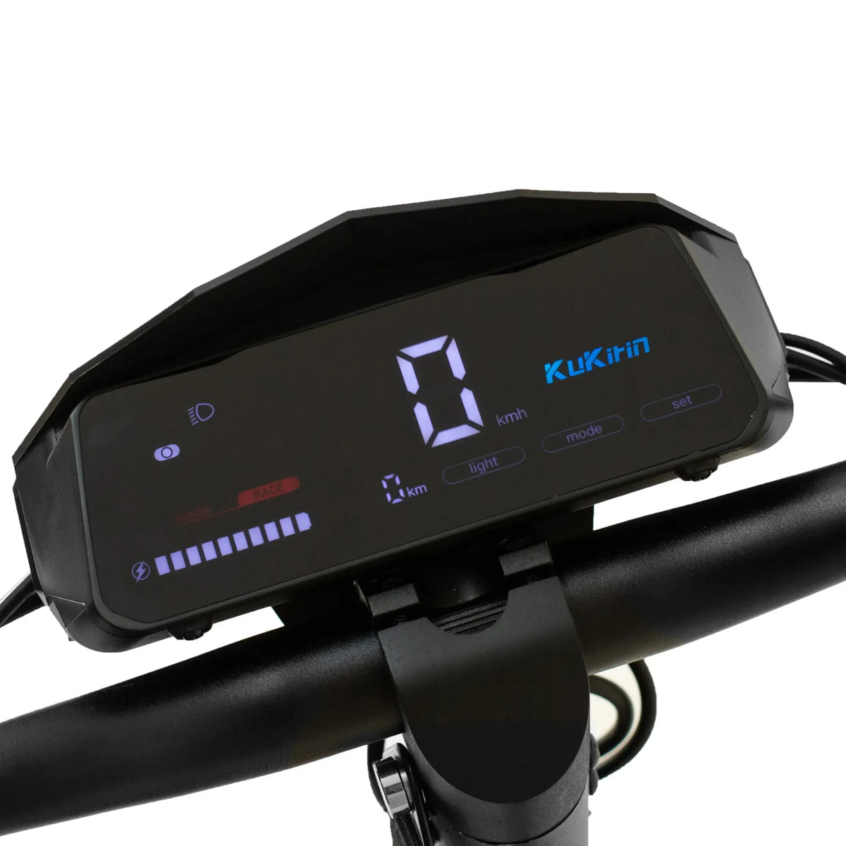 The image shows an Electric Scooter KuKirin G2. A section of the handlebars is displayed, featuring a digital screen that shows the speed (0 km/h) and battery level. The screen also includes icons for lights and different riding modes. The scooter is designed for comfortable and easy riding on urban surfaces.