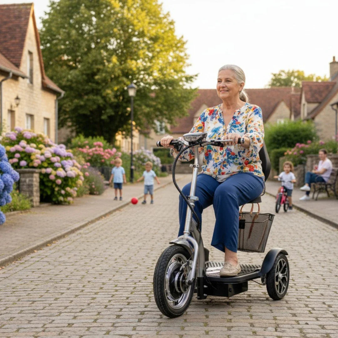 The product is an Electric mobility scooter, model Veleco ZT16. The image shows an older woman riding the scooter down a scenic street, surrounded by flowers and children playing. The scooter features a comfortable seat and a storage basket, ensuring easy mobility and comfort during the ride.