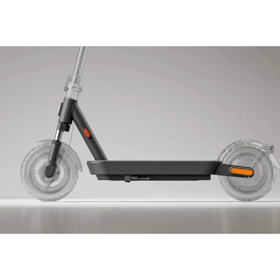 The image shows an Electric Scooter, model Xiaomi 5 Max GL. A side perspective of the scooter is visible, featuring a black deck and transparent wheels. On the front, there is a red button, likely used for power or function control. The design is modern and minimalist, characteristic of this brand's products.