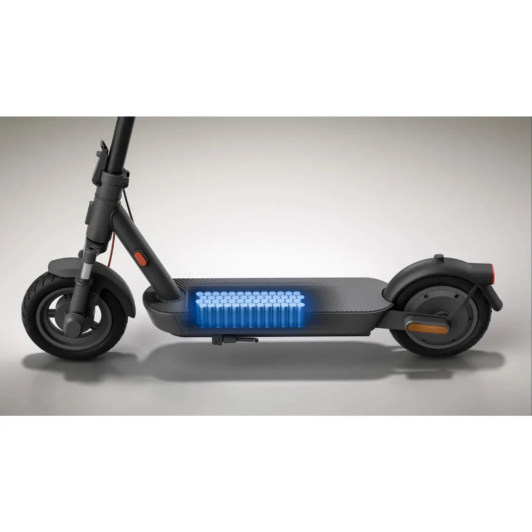 The product is an Electric Scooter Xiaomi 5 Max GL. The image shows the scooter with a prominent battery mounted on the deck, conveying a sense of modern technology and performance. Large wheels and a robust construction are also visible, indicating stability and a comfortable ride.
