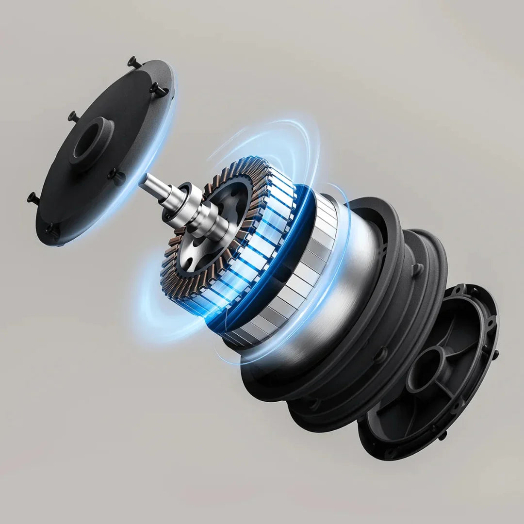 The product is an Electric Scooter, brand Xiaomi, model 5 Max GL. The image shows a part of the scooter's motor, including the rotor and stator, as well as other disassembled components, providing insight into the internal structure and operation of the motor. Light effects illustrating the motor's power and operation are also visible.