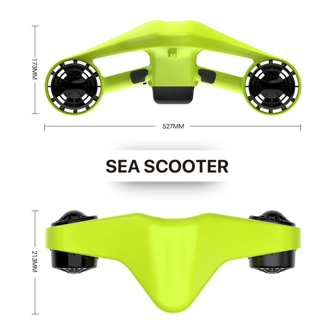 The product is an Electric Water Scooter, model Manta, by Asiwo. The image shows the scooter's aerodynamic design in bright green, featuring two propellers on the sides. The scooter's dimensions are listed, indicating its compact size, suitable for underwater use.