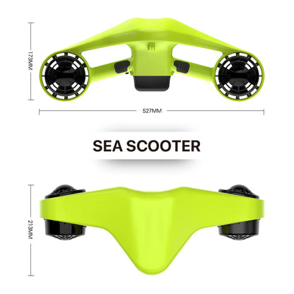 The product is an Electric Water Scooter, model Manta, by Asiwo. The image shows the scooter's aerodynamic design in bright green, featuring two propellers on the sides. The scooter's dimensions are listed, indicating its compact size, suitable for underwater use.