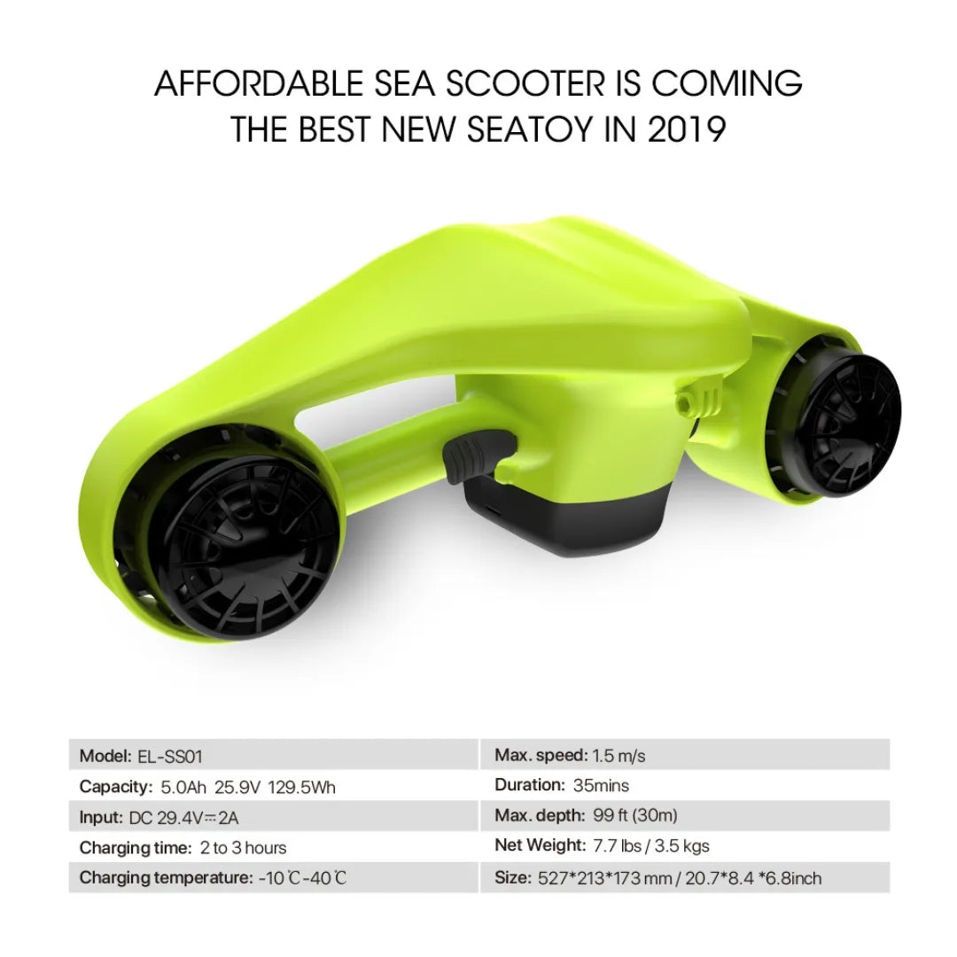 The product is an electric water scooter, Asiwo brand, model Manta (EL-SS01). The image shows the scooter in light green, with two propellers on the sides. Specifications include a maximum speed of 1.5 m/s, operating time of 35 minutes, and ability to dive up to 30 meters deep. It is equipped with a handle for easy control.