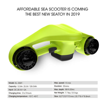 The product is an electric water scooter, Asiwo brand, model Manta (EL-SS01). The image shows the scooter in light green, with two propellers on the sides. Specifications include a maximum speed of 1.5 m/s, operating time of 35 minutes, and ability to dive up to 30 meters deep. It is equipped with a handle for easy control.