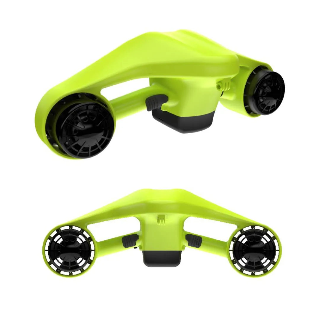This product is an electric underwater scooter, Asiwo brand, Manta model. The image shows the scooter's aerodynamic design in bright green, with two propellers on both sides, allowing for fast and efficient underwater movement. The scooter also features an ergonomic shape for comfortable handling during use.