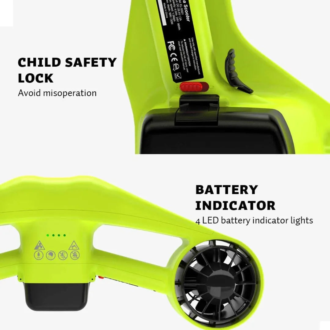 The product is an Electric Water Scooter, Asiwow Manta. The image shows a part of the scooter in light green, which includes a child safety lock and a four-LED battery indicator. The scooter is designed for underwater use, allowing for easy and fun movement beneath the water's surface.