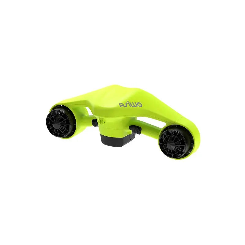 The product pictured is an electric underwater scooter by Asiwo, model Manta. It features an aerodynamic design in bright green and is equipped with two propellers for fast and easy underwater movement. The scooter is designed for fun and exploring the underwater world.