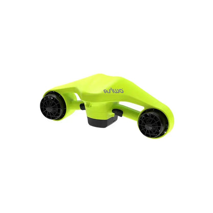 The product pictured is an electric underwater scooter by Asiwo, model Manta. It features an aerodynamic design in bright green and is equipped with two propellers for fast and easy underwater movement. The scooter is designed for fun and exploring the underwater world.