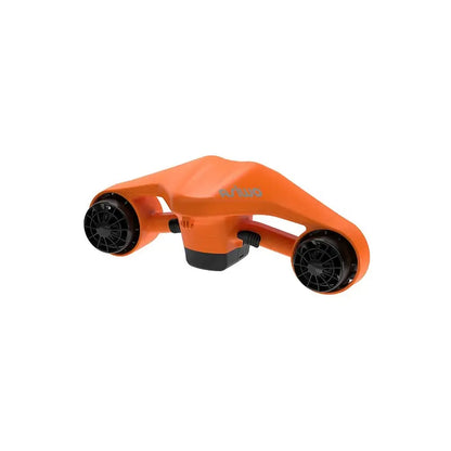 The product is an Electric Water Scooter by Asiwo, model Manta. The image shows an aerodynamic design in bright orange, featuring two propellers on each side. The scooter is designed for easy underwater handling, allowing for fast and fun movement.