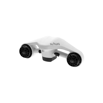 The product is an electric underwater scooter, Asiwo brand, Manta model. The image shows the scooter in white with two black propellers on the sides. The design is aerodynamic, allowing for easy underwater movement.