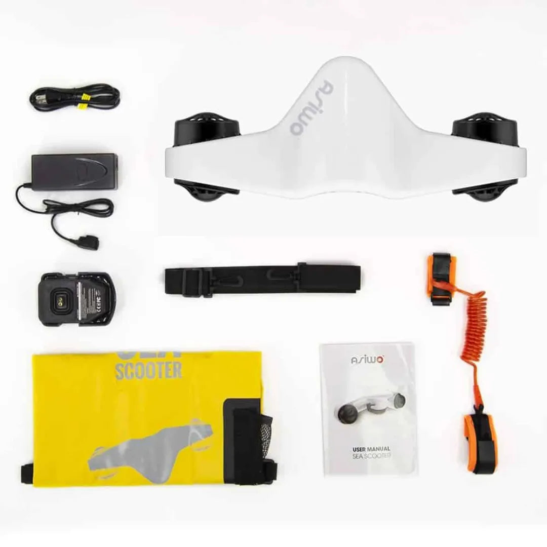 The product in the image is an electric underwater scooter from the brand Asiwo, model Manta. The image shows the scooter, charger, cable, additional accessories, user manual, and a yellow carrying bag. The scooter is designed for underwater use and allows for easy movement across water surfaces.