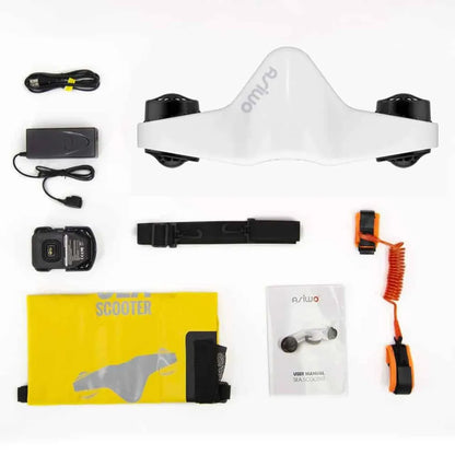 The product in the image is an electric underwater scooter from the brand Asiwo, model Manta. The image shows the scooter, charger, cable, additional accessories, user manual, and a yellow carrying bag. The scooter is designed for underwater use and allows for easy movement across water surfaces.