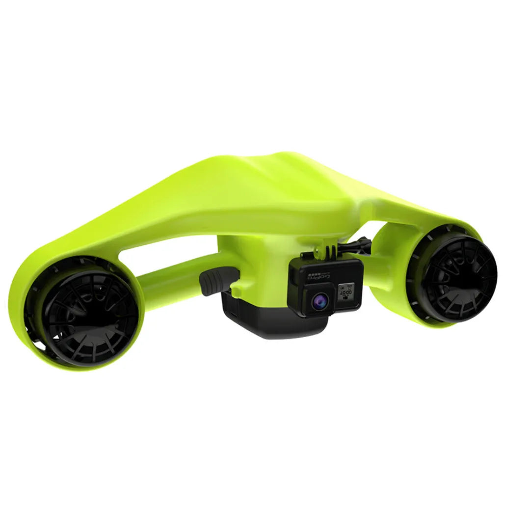 The product pictured is an electric water scooter, model Manta, from the brand Asiwo. It has an aerodynamic shape and comes in a bright green color. A camera is visible on the front, indicating that the scooter is also designed for capturing underwater footage. Two propellers on the sides allow for fast and easy movement underwater.