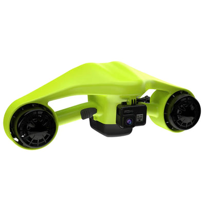 The product pictured is an electric water scooter, model Manta, from the brand Asiwo. It has an aerodynamic shape and comes in a bright green color. A camera is visible on the front, indicating that the scooter is also designed for capturing underwater footage. Two propellers on the sides allow for fast and easy movement underwater.