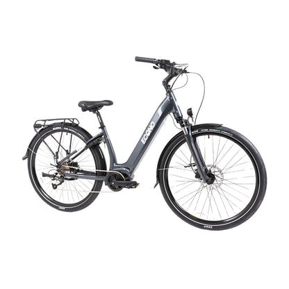 The product pictured is the Electric Bike Econo, model Mare City EEC4LK. The bike features a comfortable frame with a low step-through design, making it easy to get on and off. It is equipped with thick tires and disc brakes, ensuring good stability and safety during rides. There is also a rear luggage rack, allowing for easy transport of items. The overall design is elegant and suitable for city riding.