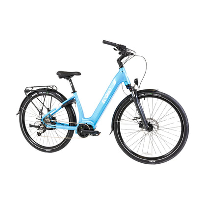 The product is an Econo electric bike, model Mare City EEC4LK. The image shows a light blue bike with a low frame, which makes getting on and off easier. It features wide tires, disc brakes, and a rear rack, making it suitable for city riding and everyday use.