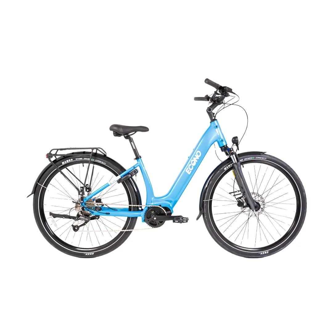 The product is an Electric Bike, Econo brand, model Mare City EEC4LK. The image shows a blue electric bike with wide tires, a comfortable seat, and a low frame, making it easily accessible. The bike also features a rear luggage rack and front forks, suggesting a comfortable ride on city streets.