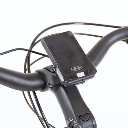 The product pictured is the Electric bike Econo Mare City EEC4LK. The image shows a part of the handlebars, featuring a Bafang display that shows ride information. Cables connected to the display and ergonomically designed handlebars are also visible.