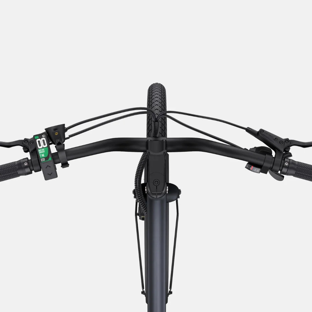 The product in the image is an Engwe electric bike, model P275 ST. The image shows a view of the handlebars, which include brake levers, a digital display for information, and cables neatly routed along the frame. The bike has wide tires, indicating its suitability for various terrains.