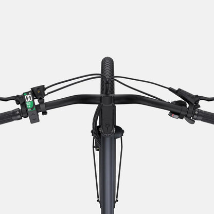 The product in the image is an Engwe electric bike, model P275 ST. The image shows a view of the handlebars, which include brake levers, a digital display for information, and cables neatly routed along the frame. The bike has wide tires, indicating its suitability for various terrains.