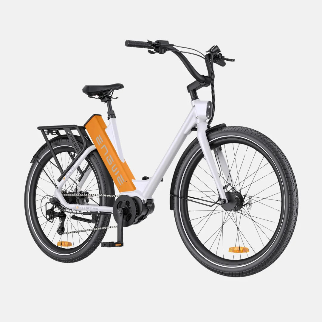 The image shows an Electric bike from the Engwe brand, model P275 ST. The bike has a modern design with a white and orange color combination. Wide wheels, a robust frame, and an electric motor mounted on the rear are visible. The bike also features a luggage rack, allowing for easy transport of items. Ergonomic handlebars and a low frame geometry ensure a comfortable ride.