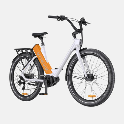 The image shows an Electric bike from the Engwe brand, model P275 ST. The bike has a modern design with a white and orange color combination. Wide wheels, a robust frame, and an electric motor mounted on the rear are visible. The bike also features a luggage rack, allowing for easy transport of items. Ergonomic handlebars and a low frame geometry ensure a comfortable ride.