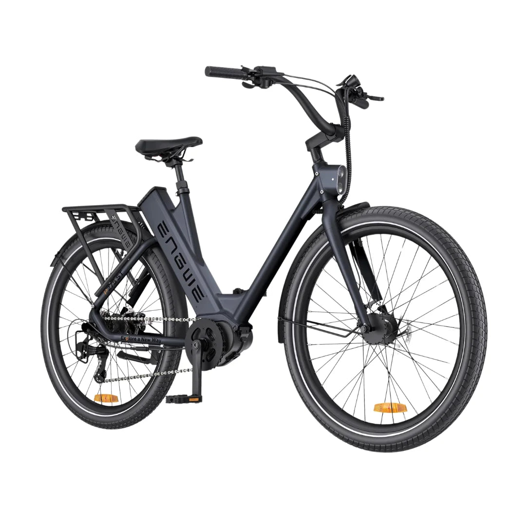 The product is an Electric Bike Engwe P275 ST. The image shows a modern electric bike with wide tires, a low frame for easy access, and a rear rack. The bike also features a mid-mounted electric motor for a comfortable ride. The grips and handlebars are designed for comfortable control.