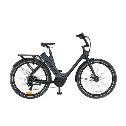 The product is an electric bike, Engwe brand, model P275 ST. The image shows a bike with a modern design, a low frame for easier access, wide tires, and an additional rear rack. The color is dark gray, giving it an elegant look. The bike is equipped with an electric motor, enabling comfortable and easy riding.