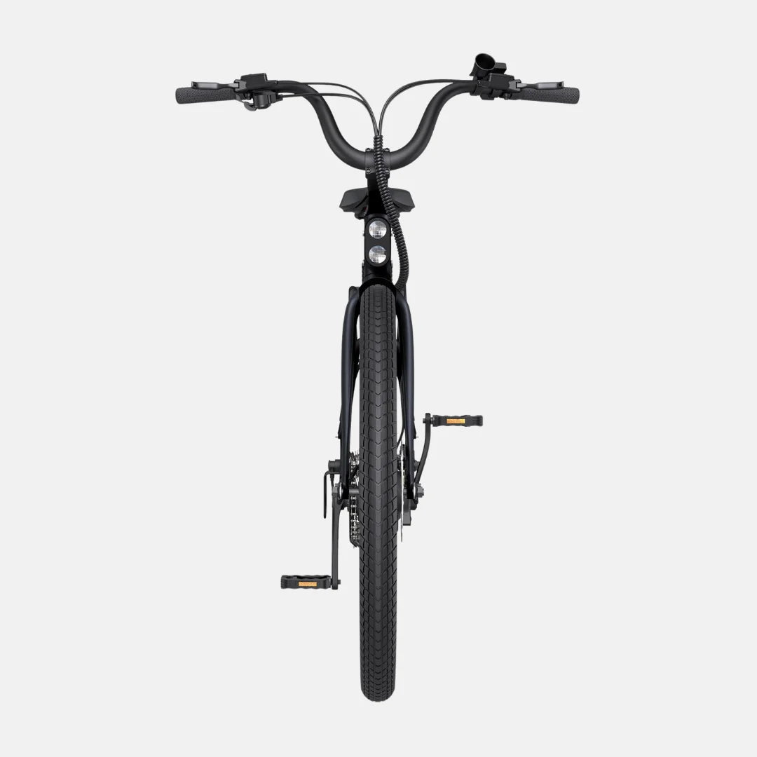 The product is an Electric Bike, Engwe model P275 ST. The image shows the front part of the bike, including the handlebars, lights, and pedals. The bike has robust tires, indicating its suitability for various terrains. The overall look is elegant and modern, with black being the dominant color.