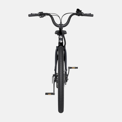 The product is an Electric Bike, Engwe model P275 ST. The image shows the front part of the bike, including the handlebars, lights, and pedals. The bike has robust tires, indicating its suitability for various terrains. The overall look is elegant and modern, with black being the dominant color.