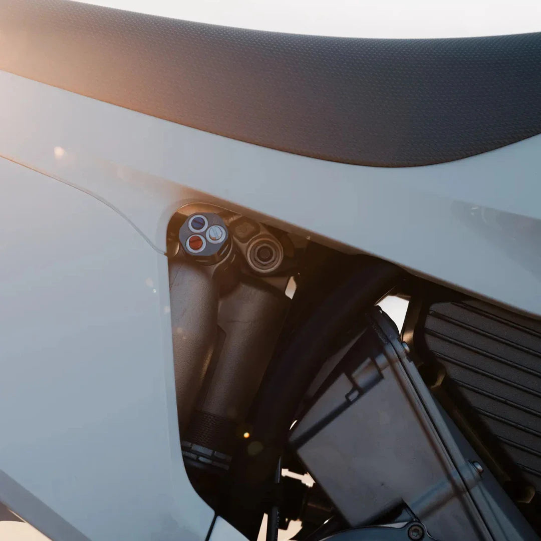 Close-up shot of the Stark Varg Electric Motocross bike, showcasing its sleek design and components.