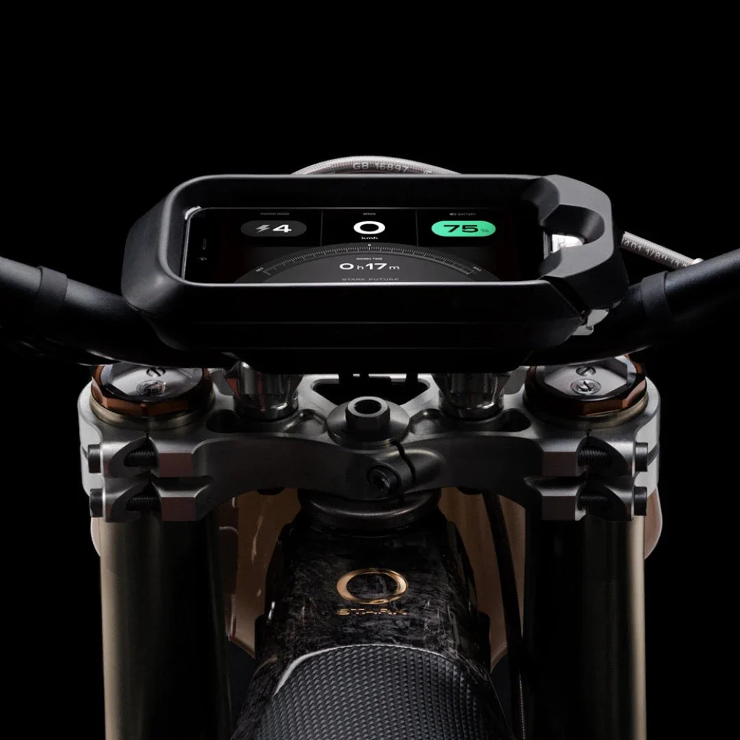 A close-up shot of the handlebars and display of the Stark Varg electric motocross bike.