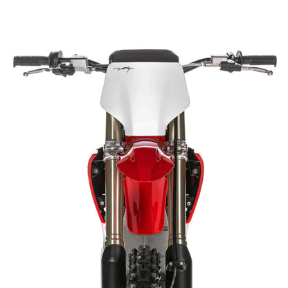 Front view of the Stark Varg electric motocross bike, showcasing its sleek design and handlebars.
