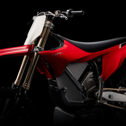 Close-up shot of the Stark Varg Electric Motocross, showcasing its sleek, modern design.