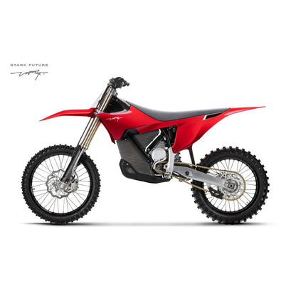 Side view of the Stark Varg electric motocross bike in red and black.