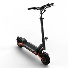 The product in the picture is a Joyor T10 electric scooter. The scooter is shown in black with orange details. It has a wide standing deck, robust tires, and handlebars, suggesting a comfortable ride. The scooter is designed for urban mobility and ease of use.
