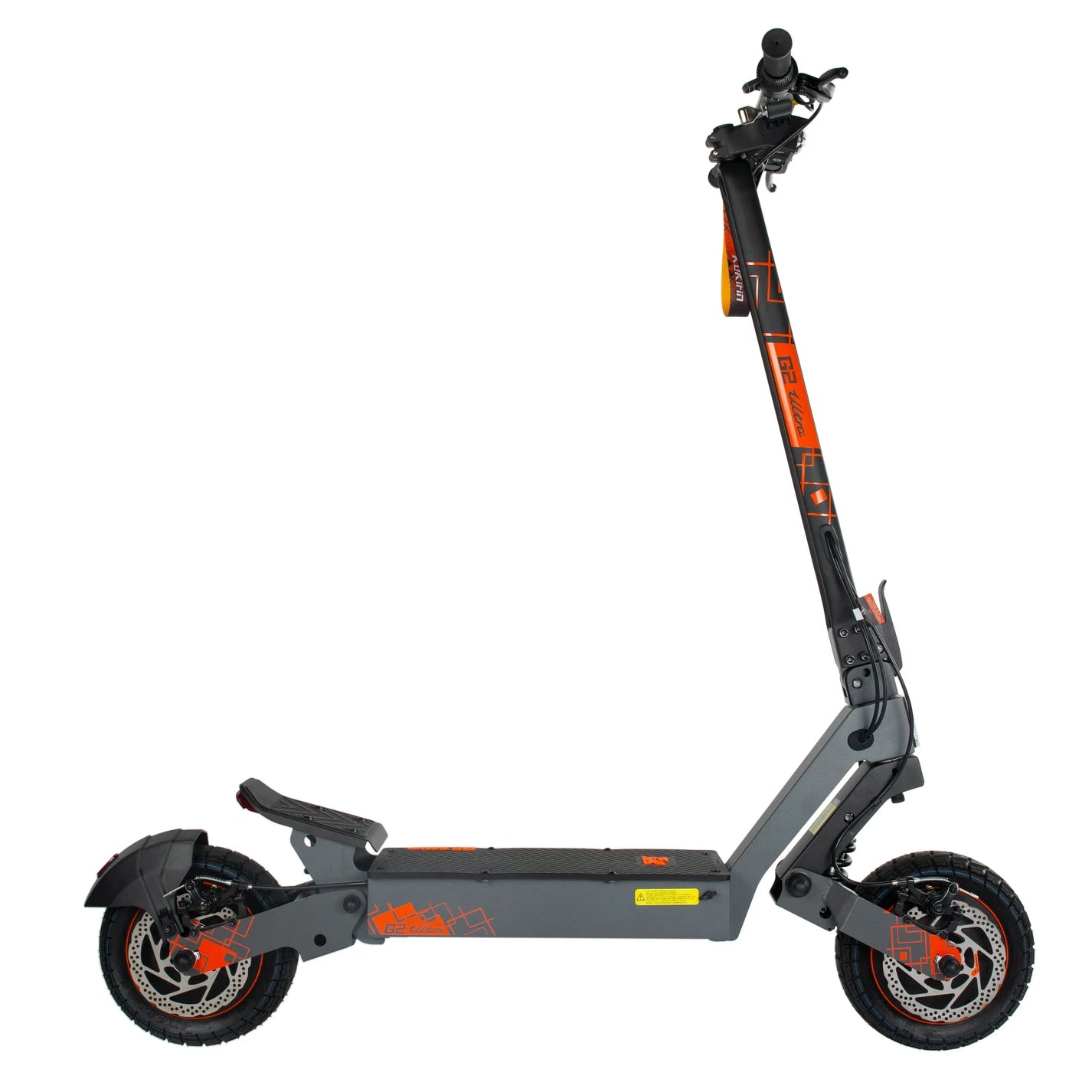 Izdelek na sliki je električni skiro, znamke Kukirin, model G2 Ultra. Na sliki je prikazan skiro v sivi barvi z oranžnimi detajli. Ima široko platformo za stojišče, visoko krmilo ter robustne pnevmatike, kar nakazuje na dobro stabilnost in udobje pri vožnji.