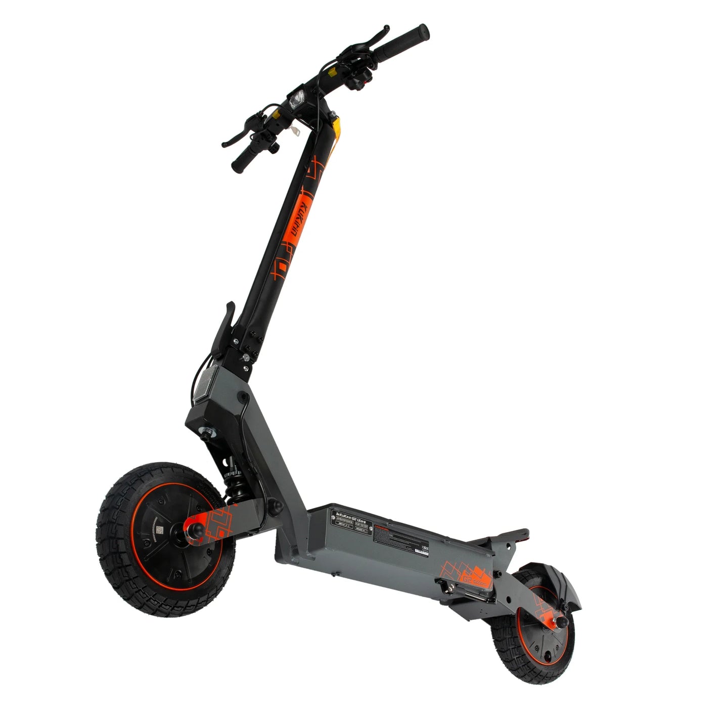 Izdelek na sliki je električni skiro, model Kukirin G2 Ultra. Na sliki je prikazan skiro v črni in sivi barvi, s poudarjenimi oranžnimi detajli. Ima široke pnevmatike, kar nakazuje na dobro stabilnost in udobje pri vožnji. Ročaji so ergonomski, kar omogoča udobno upravljanje.