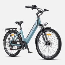 The product in the picture is an Engwe P275 SE electric bike. The bike is shown in a light blue color and has a comfortable seat, wide tires, and a luggage rack on the rear. The bike is equipped with front suspension and disc brakes, which provides better stability and safety while riding.