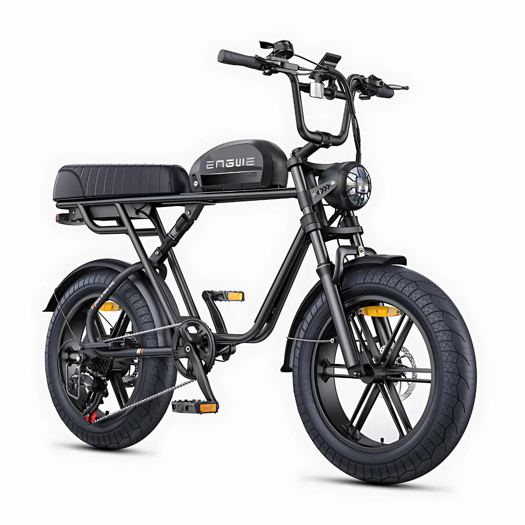 The product in the image is an electric bike, brand Engwe, model M1. The bike features a robust design, wide tires, and a comfortable seat. Handlebars and a light are visible on the front, indicating functionality for night riding. The entire construction is black, giving the bike a modern and sporty look.